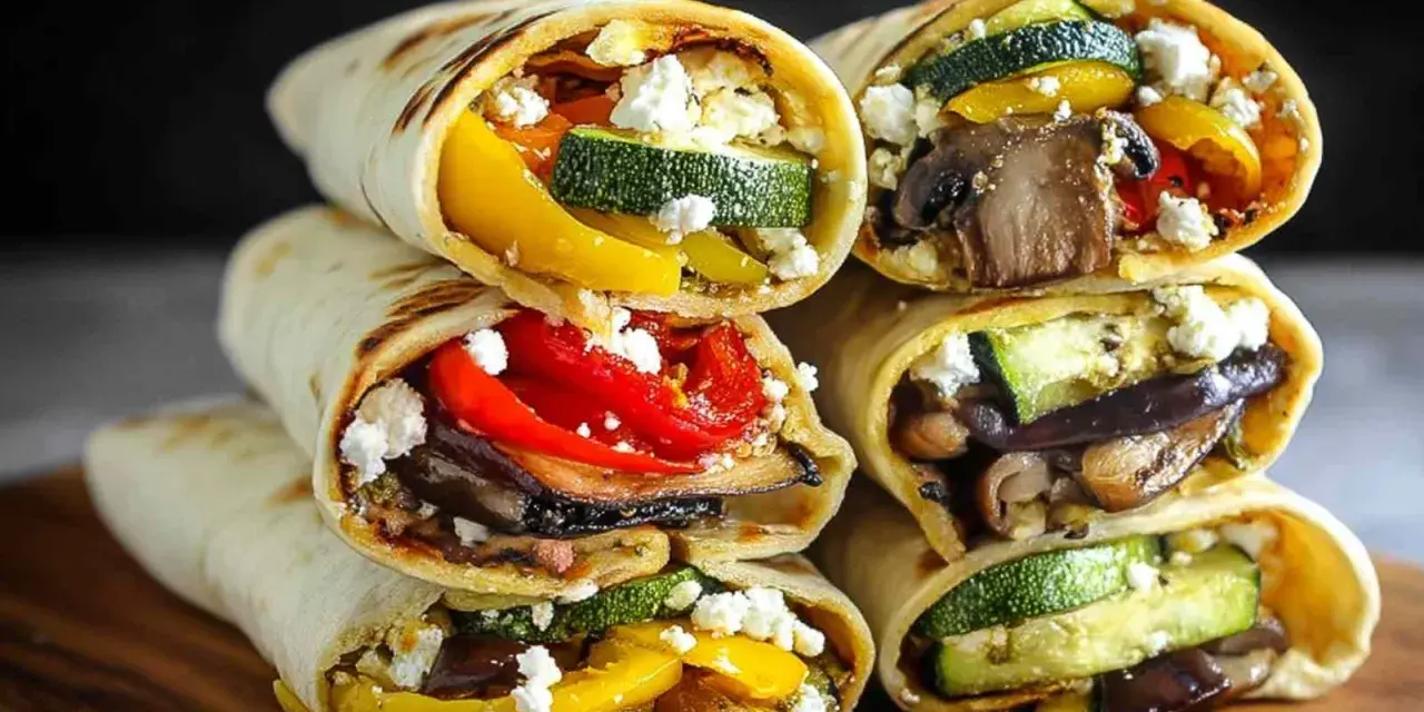 Pyszna tortilla z airfryer wypełniona grillowanymi warzywami: cukinią, papryką, bakłażanem i grzybami, posypana fetą.
