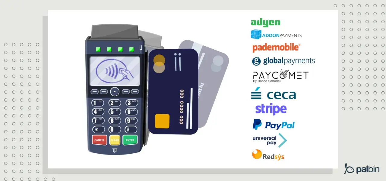 Terminal de pago con tarjetas y logos de pasarelas de pago, ideal para integrar en programas de TPV.