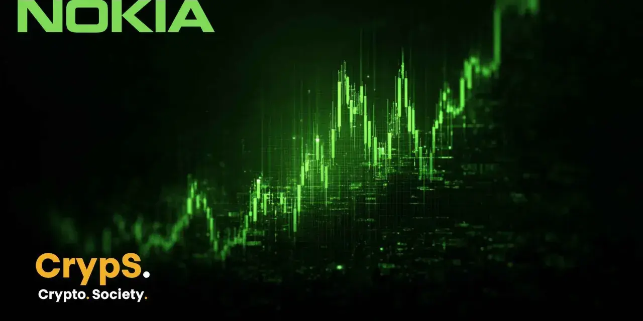 Zielony wykres świecowy symbolizujący akcje Nokia, z logo Nokia i Cryps. Crypto. Society.