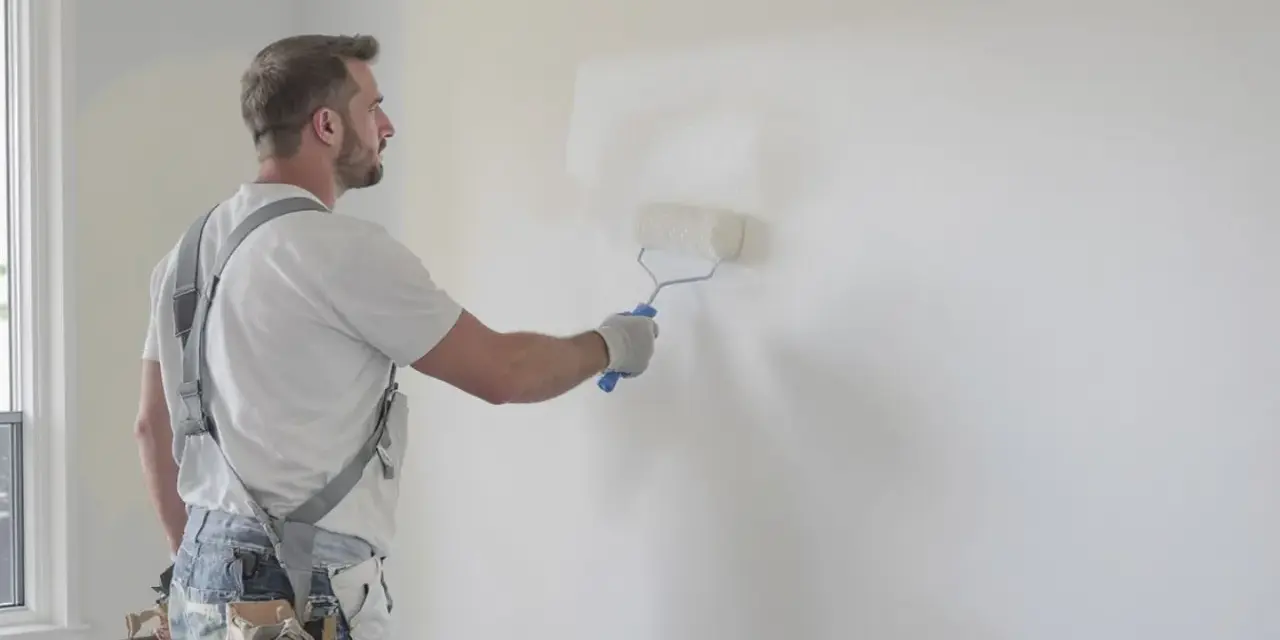 Un peintre applique une couche de peinture blanche sur un mur. La pièce est en cours de rénovation, après peinture.
