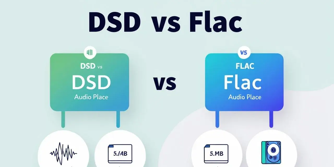 Porównanie DSD vs FLAC: co to za formaty audio? Grafika pokazuje różnice w głębi bitowej, częstotliwości próbkowania i rozmiarze plików.
