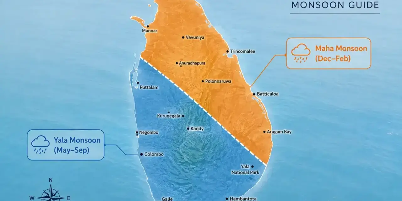 Mapa Sri Lanki z podziałem na monsuny. Planujesz sri lanka wakacje? Sprawdź, kiedy jest najlepszy czas na zwiedzanie!