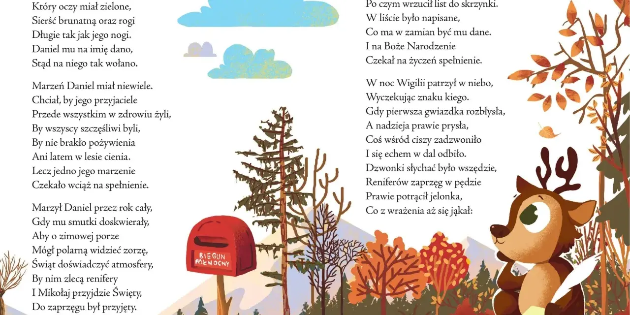 Ilustracja z tekstem "JELONEK" i wierszem o jelonku marzącym o pracy u Świętego Mikołaja. W tle jesienny las, skrzynka "BIEGUN PÓŁNOCNY" i renifer piszący list. To inspiracja do wiejskie przyśpiewki teksty.