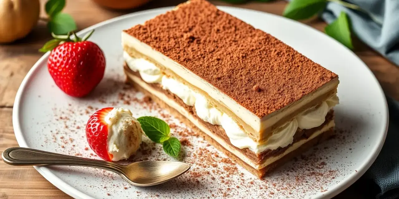 Un délicieux tiramisu, fait avec 500g de mascarpone, garni de cacao et accompagné d'une fraise et d'une cuillère dorée.