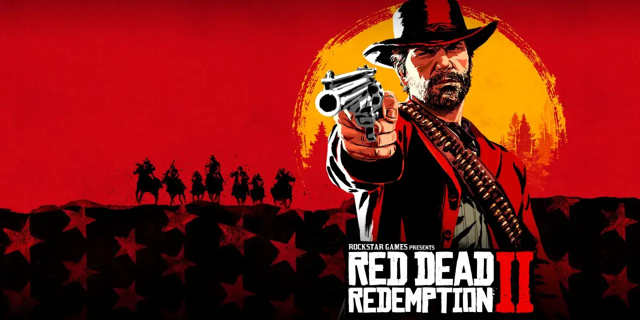 Arthur Morgan z pistoletem w dłoni, na tle zachodzącego słońca i konnych postaci. To okładka gry Red Dead Redemption 2, dostępnej w ramach Game Pass.