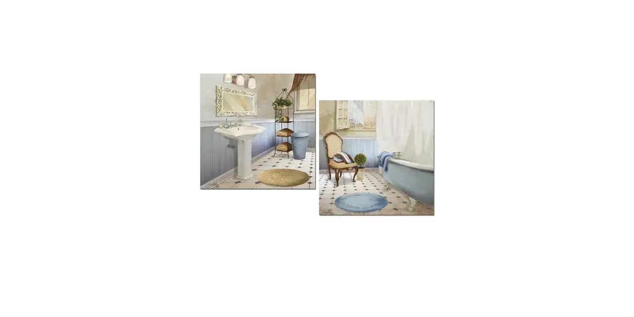 Dos cuadros de baños estilo vintage: uno con lavabo y otro con bañera azul.