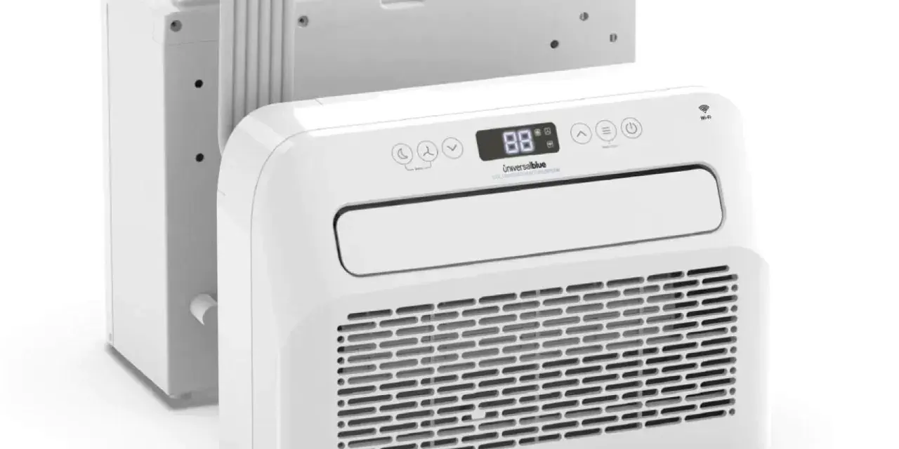 Aire acondicionado portátil blanco con unidad exterior conectada por un tubo flexible. Todos los aires acondicionados portátiles tienen salida al exterior.