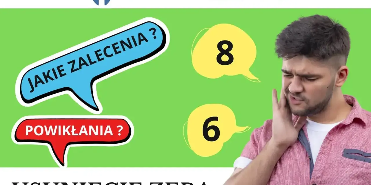 Mężczyzna z bólem zęba, dymki z pytaniami "Jakie zalecenia?", "Powikłania?", liczby 8 i 6. Temat: usunięcie zęba, resekcja zęba rekonwalescencja.