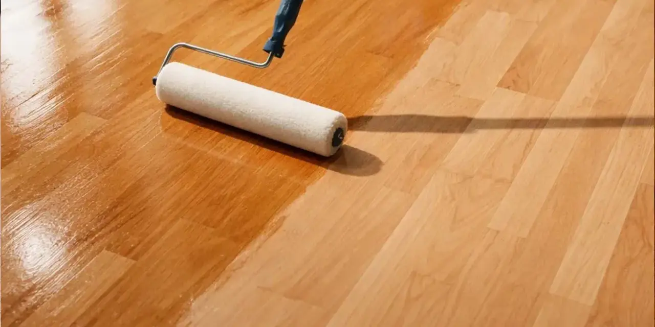 Rullo applica vernice su parquet in corso di levigatura fai da te. Il legno riacquista lucentezza.