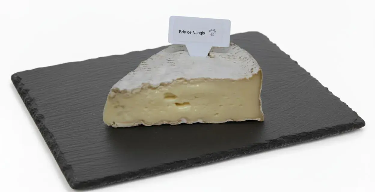 Une part de brie de Nangis, crémeux et à la croûte fleurie, repose sur une ardoise.
