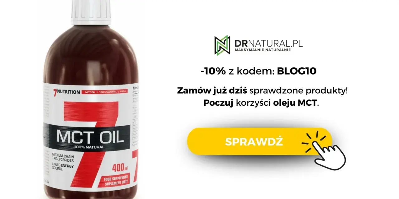 Butelka oleju MCT 100% naturalnego. Sprawdź korzyści i uniknij potencjalnych skutków ubocznych oleju MCT. Zniżka -10% z kodem BLOG10.