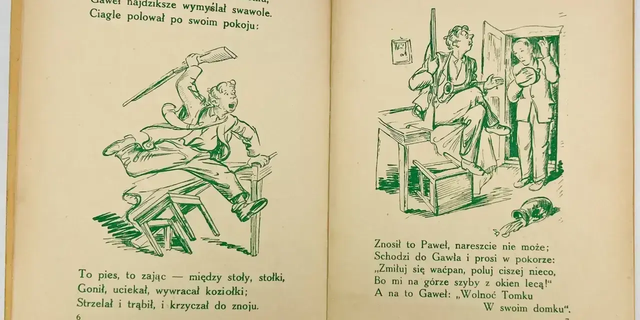 Ilustracja do wiersza "Paweł i Gaweł". Paweł poluje w pokoju, przewracając meble. Gaweł prosi go o ciszę.