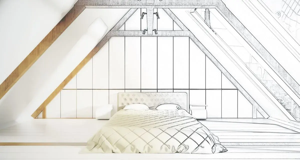 Progetto di una mansarda casa con letto, armadi e travi a vista.