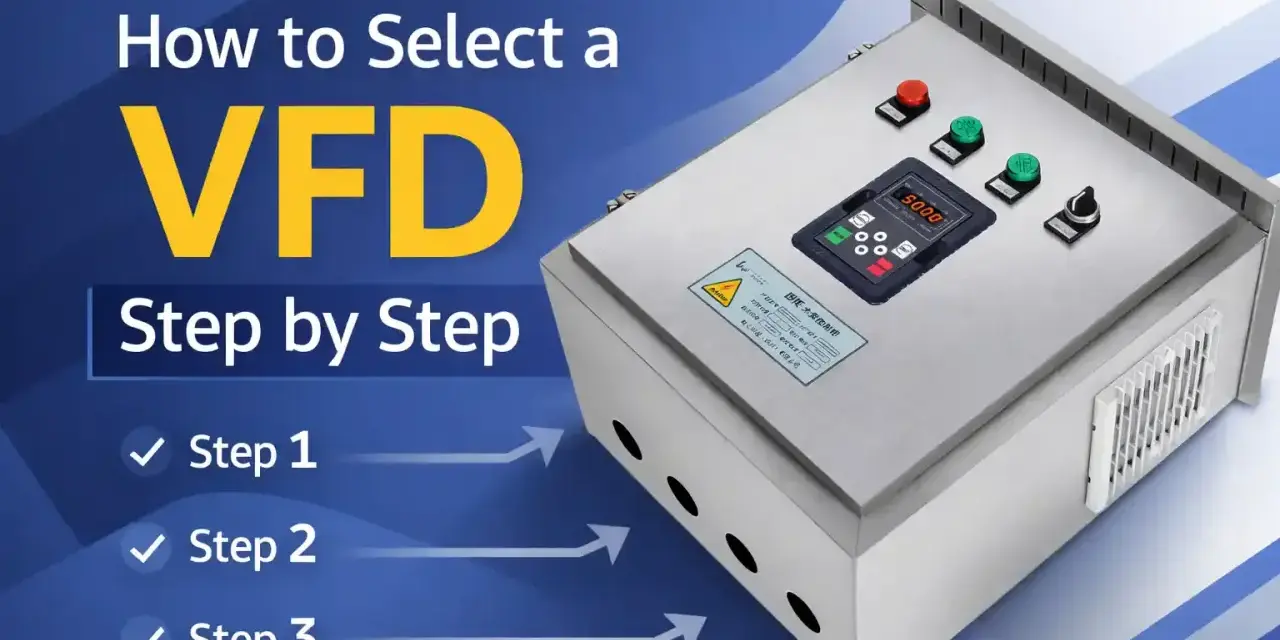 Panel sterowania z wyświetlaczem cyfrowym i przyciskami, obok tekst "How to Select a VFD Step by Step". To jest przetwornik częstotliwości.
