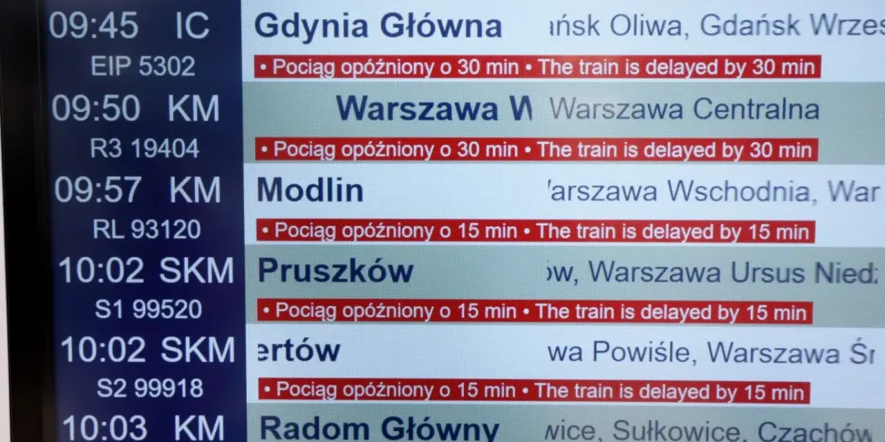 Tablica z rozkładem jazdy pociągów, pokazująca opóźnienia.