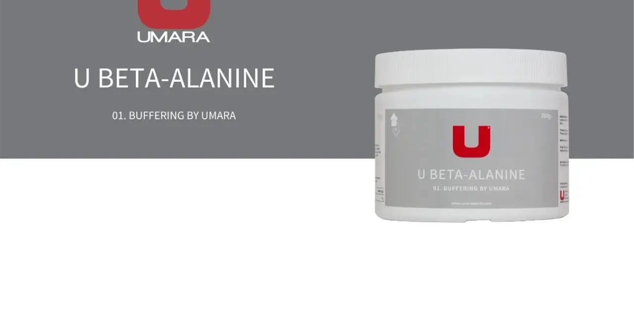 En burk U BETA-ALANINE från UMARA. Denna produkt är designad för att ge en buffrande beta alanin effekt.