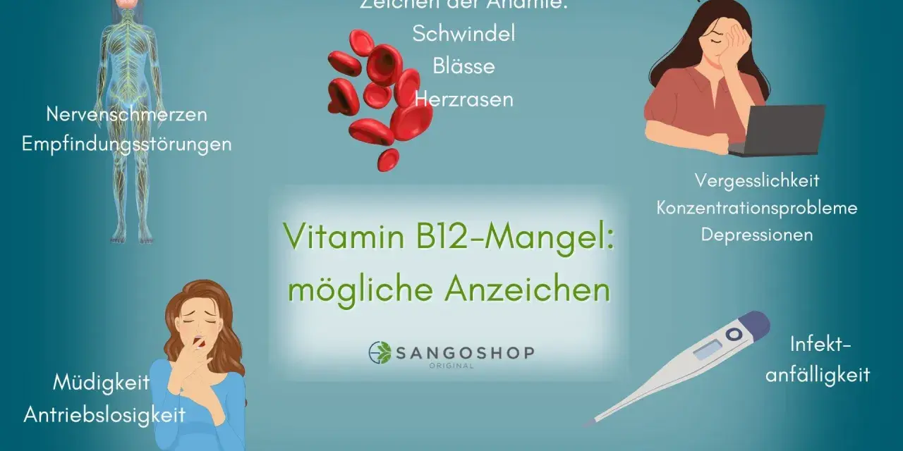 Frau mit Müdigkeit, Antriebslosigkeit, Nervenschmerzen, Vergesslichkeit, Konzentrationsproblemen, Depressionen, Schwindel, Blässe, Herzrasen und Infektanfälligkeit – mögliche Anzeichen eines B12-Mangels.