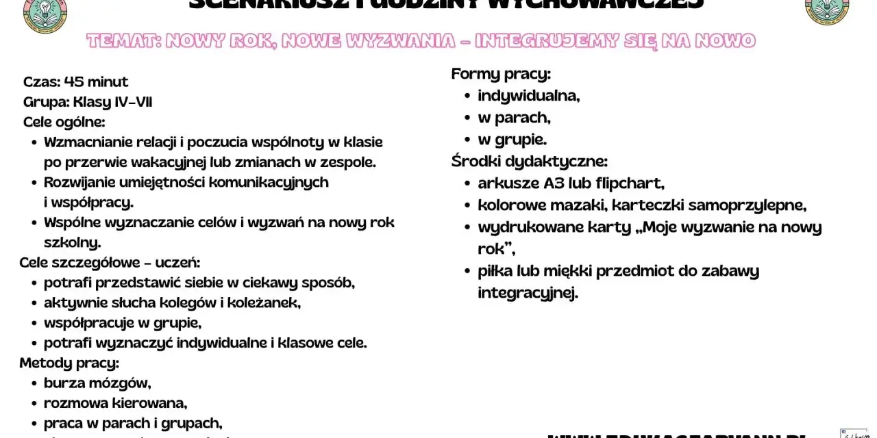 Scenariusz godziny wychowawczej dla klasy 4: "Nowy rok, nowe wyzwania – integrujemy się na nowo". Cele to wzmacnianie relacji, komunikacji i współpracy.