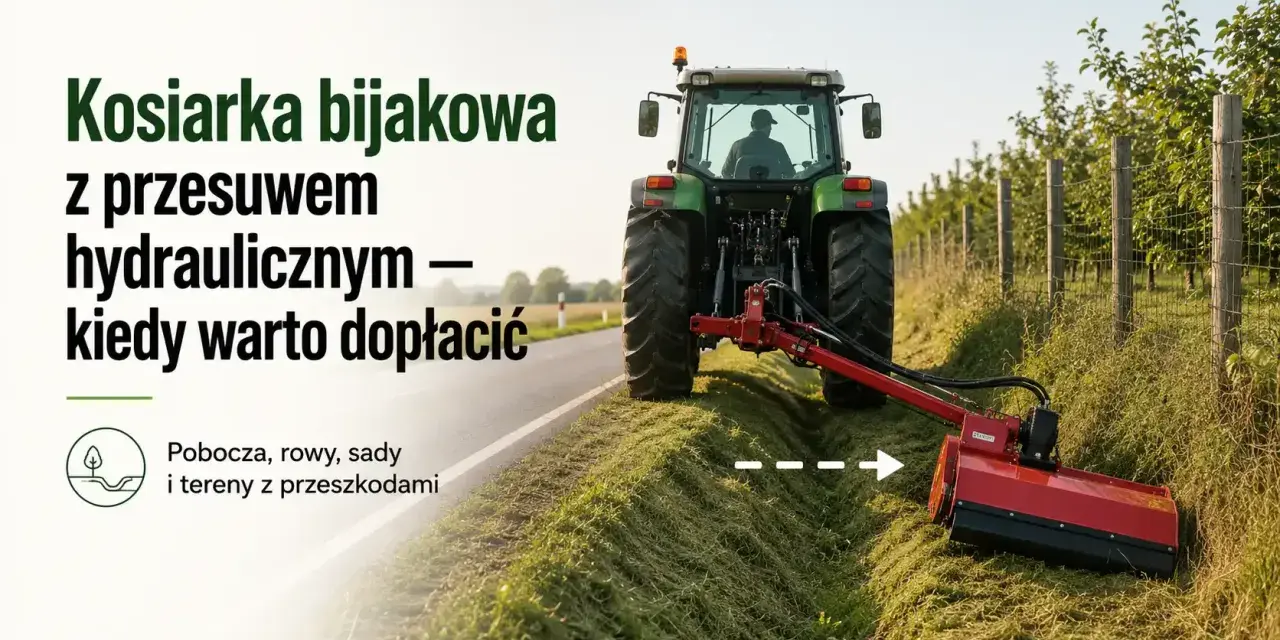 Traktor z kosiarką bijakową z przesuwem hydraulicznym, idealny dla producenta kosiarek do pracy przy poboczach, rowach i sadach.