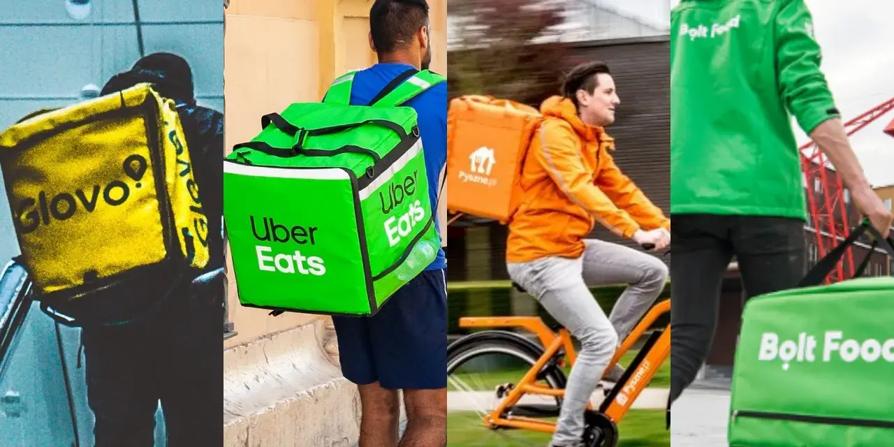 Kurierzy Glovo, Uber Eats i Bolt Food z torbami na jedzenie. Wybór należy do Ciebie: Glovo czy Uber Eats?