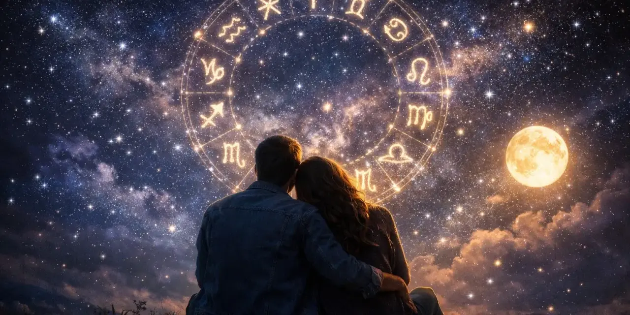 Para wpatrzona w gwiazdy, gdzie krąg zodiaku symbolizuje skorpion i waga związek. Księżyc w pełni oświetla ich wspólną drogę.
