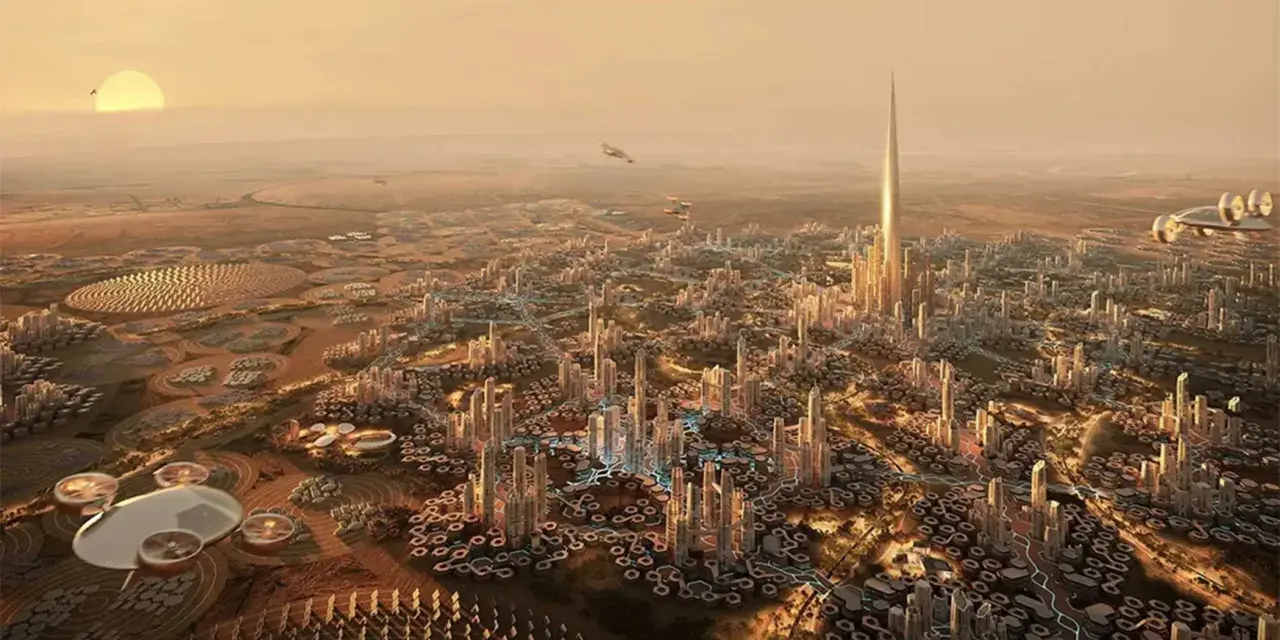 Futurystyczne miasto z dominującą, lśniącą rise tower. Latające pojazdy i okrągłe struktury na pustynnym krajobrazie.
