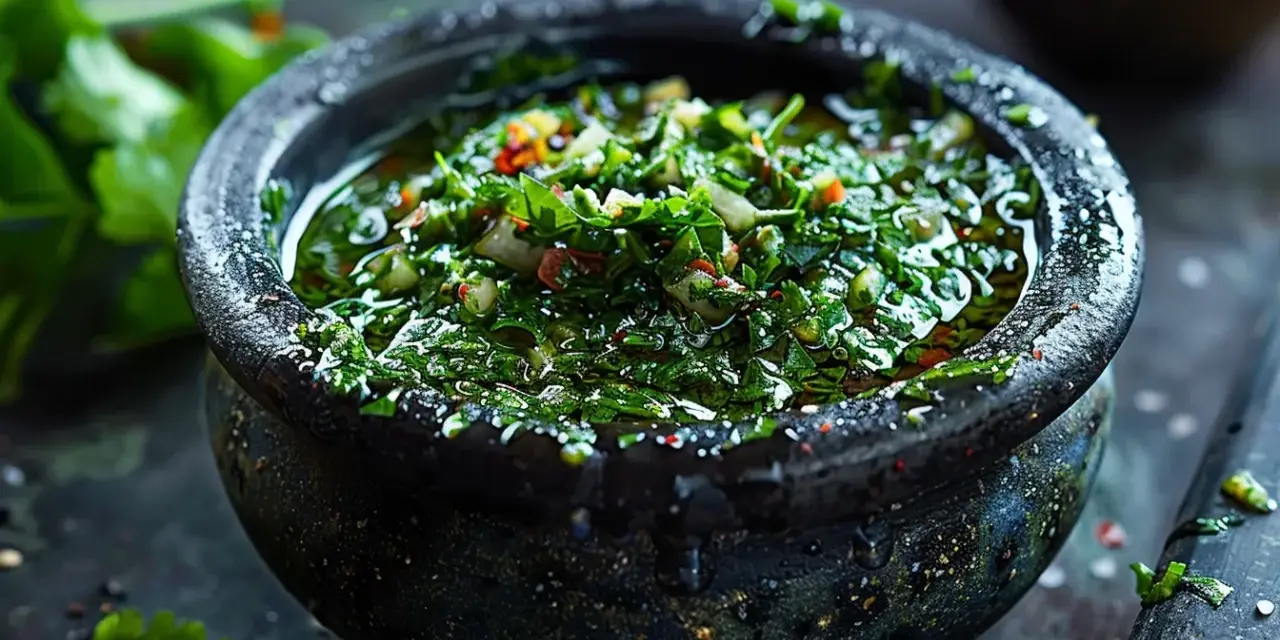 Frisches Chimichurri-Rezept in einer Steinschale, bereit zum Verfeinern von Grillgut.