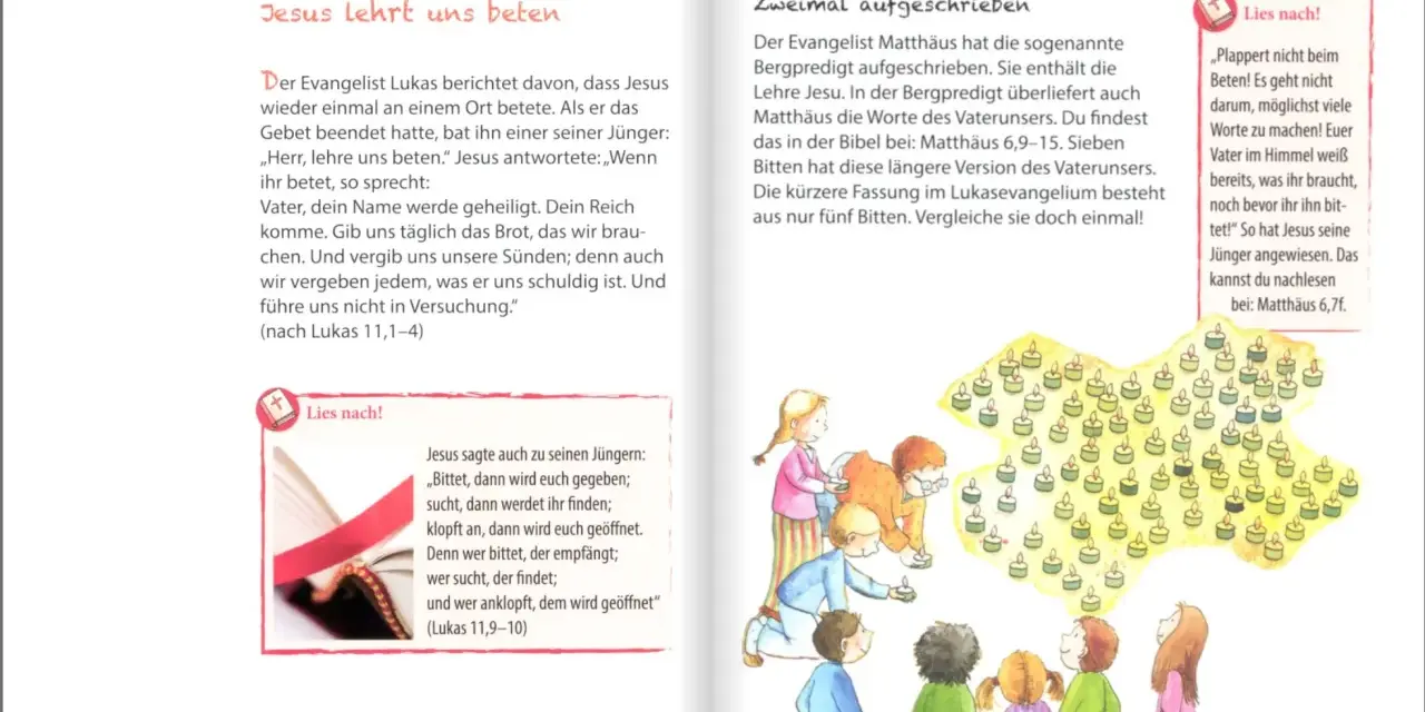 Kinder lernen das Vaterunser mit Bewegungen und Kerzen. Jesus lehrt uns beten, wie im Evangelium beschrieben.