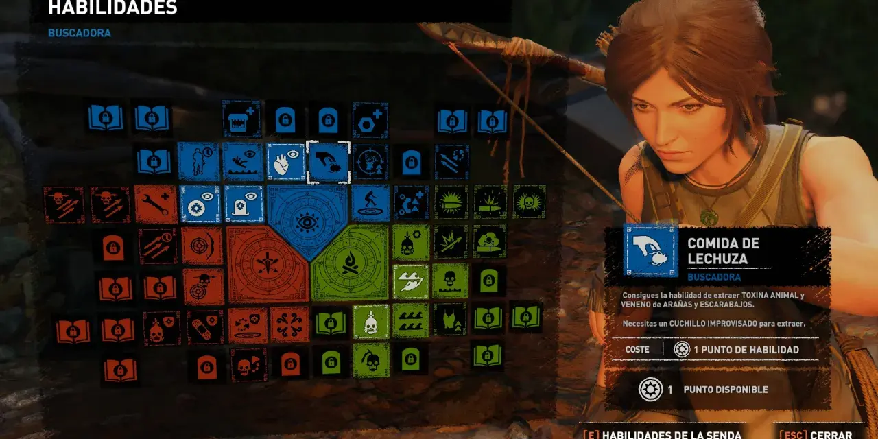 Menú de habilidades de "Shadow of the Tomb Raider", con Lara Croft al fondo. Se muestra la habilidad "Comida de Lechuza".