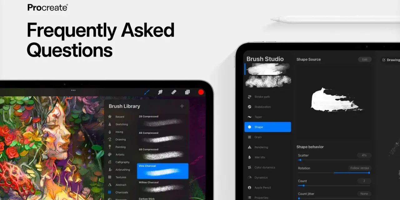 Jaki iPad do Procreate? Na ekranie widać aplikację Procreate z biblioteką pędzli i ustawieniami Brush Studio. Idealny do cyfrowego malarstwa.