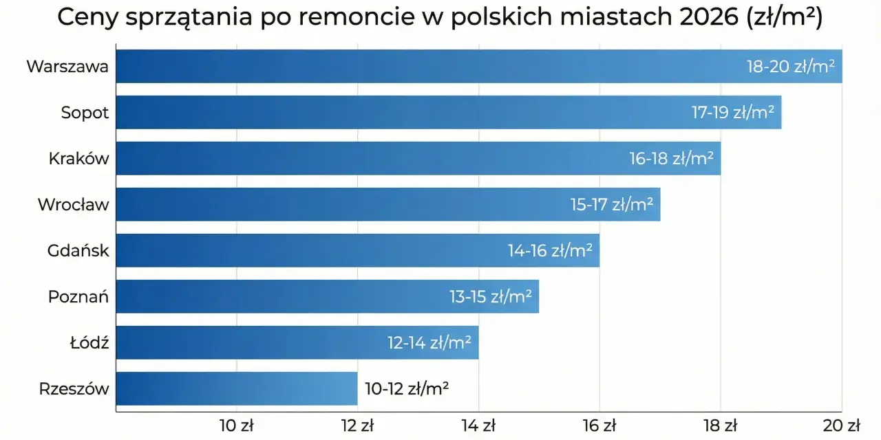 Wykres porównuje, ile kosztuje sprzątanie mieszkania po remoncie w polskich miastach w 2026 roku. Najdrożej jest w Warszawie (18-20 zł/m²), najtaniej w Rzeszowie (10-12 zł/m²).