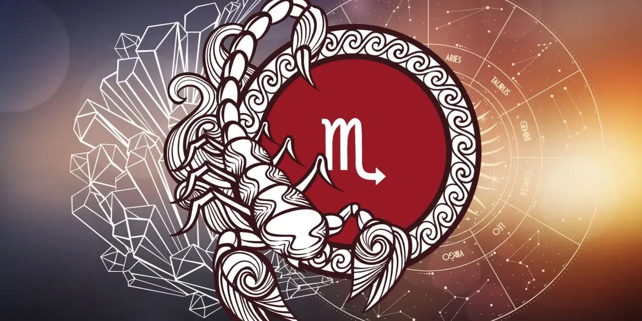 Skorpion, symbol listopada znak zodiaku, na tle kryształów i koła zodiaku.