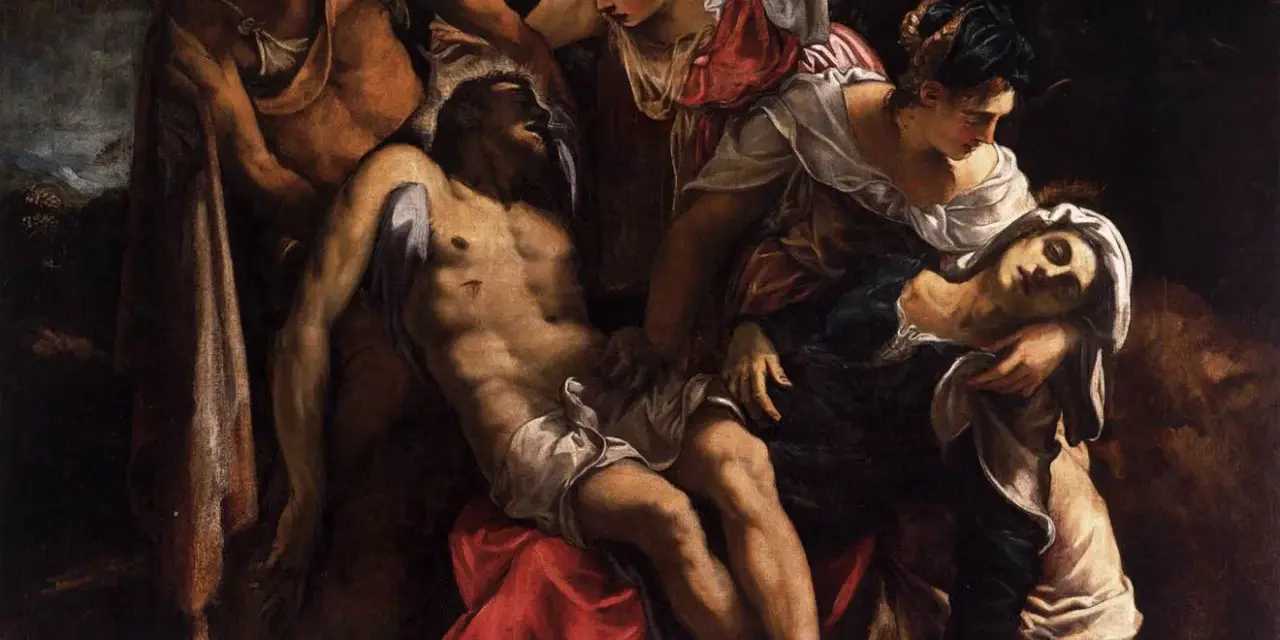 Mise en scène dramatique des œuvres d'art de Le Tintoret : le corps du Christ est porté par des figures émouvantes, dans une composition saisissante.