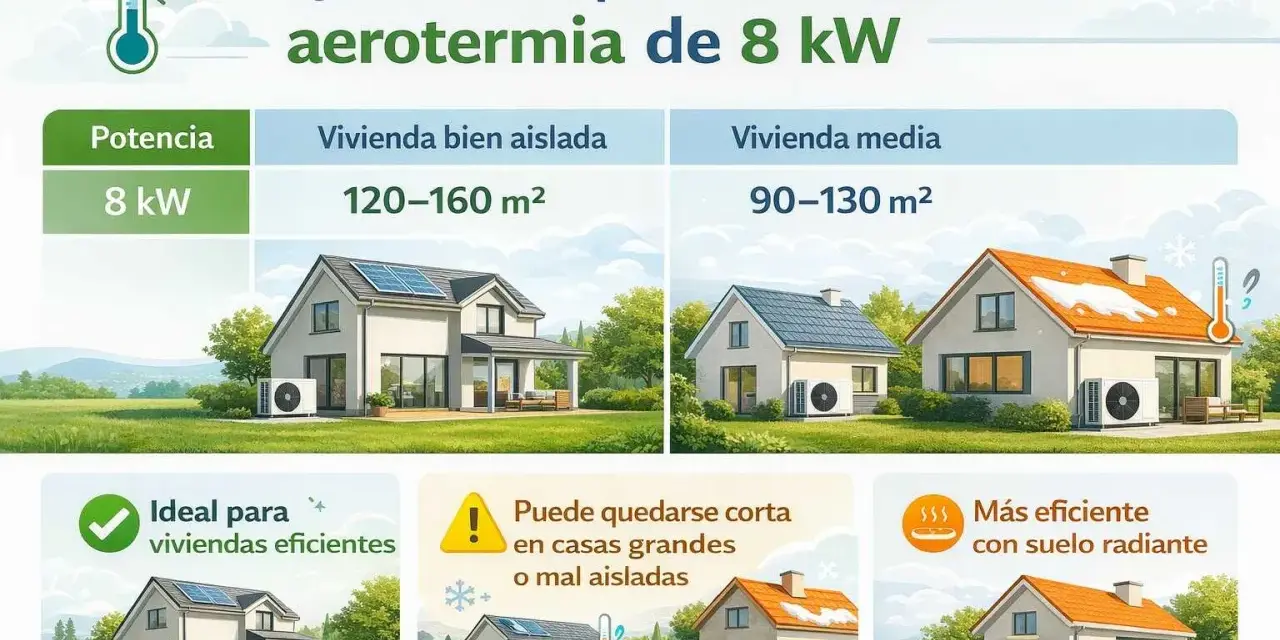 Guía de cálculo aerotermia: una unidad de 8 kW climatiza viviendas bien aisladas (120-160 m²) o medianas (90-130 m²). Ideal para casas eficientes.