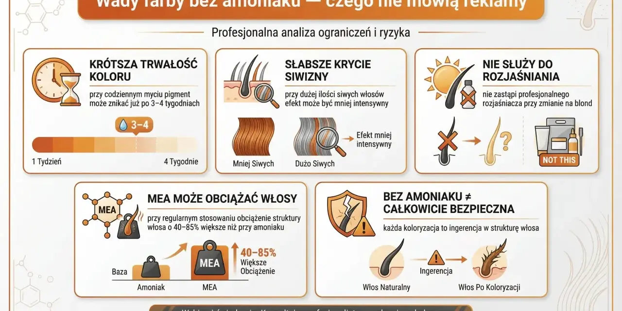 Wady farb bez amoniaku: krótsza trwałość koloru, słabsze krycie siwizny, nie służą do rozjaśniania, MEA obciąża włosy. MEA to nie to samo co amoniak.