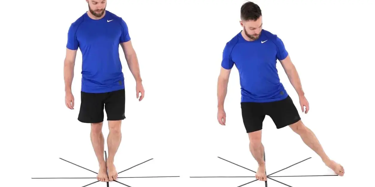 Homme effectuant un exercice de renforcement du genou, en déplaçant son pied sur une étoile de direction pour améliorer l'équilibre et la stabilité.