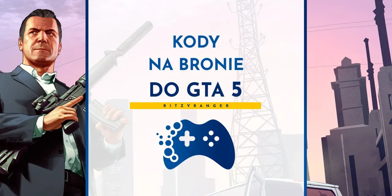 Michael z GTA 5 trzyma broń, a obok widnieje napis "Kody na bronie do GTA 5".