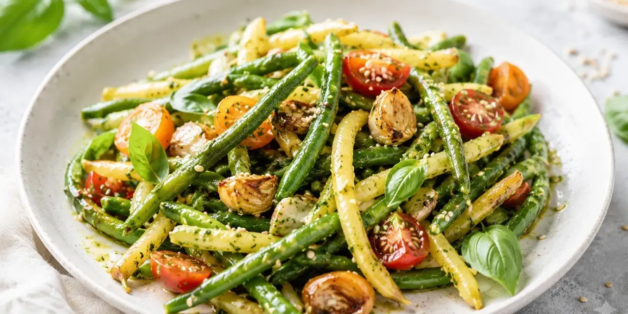 Kolorowe dania z fasolki szparagowej żółtej i zielonej, z pomidorkami koktajlowymi, czosnkiem i bazylią, polane sosem pesto.