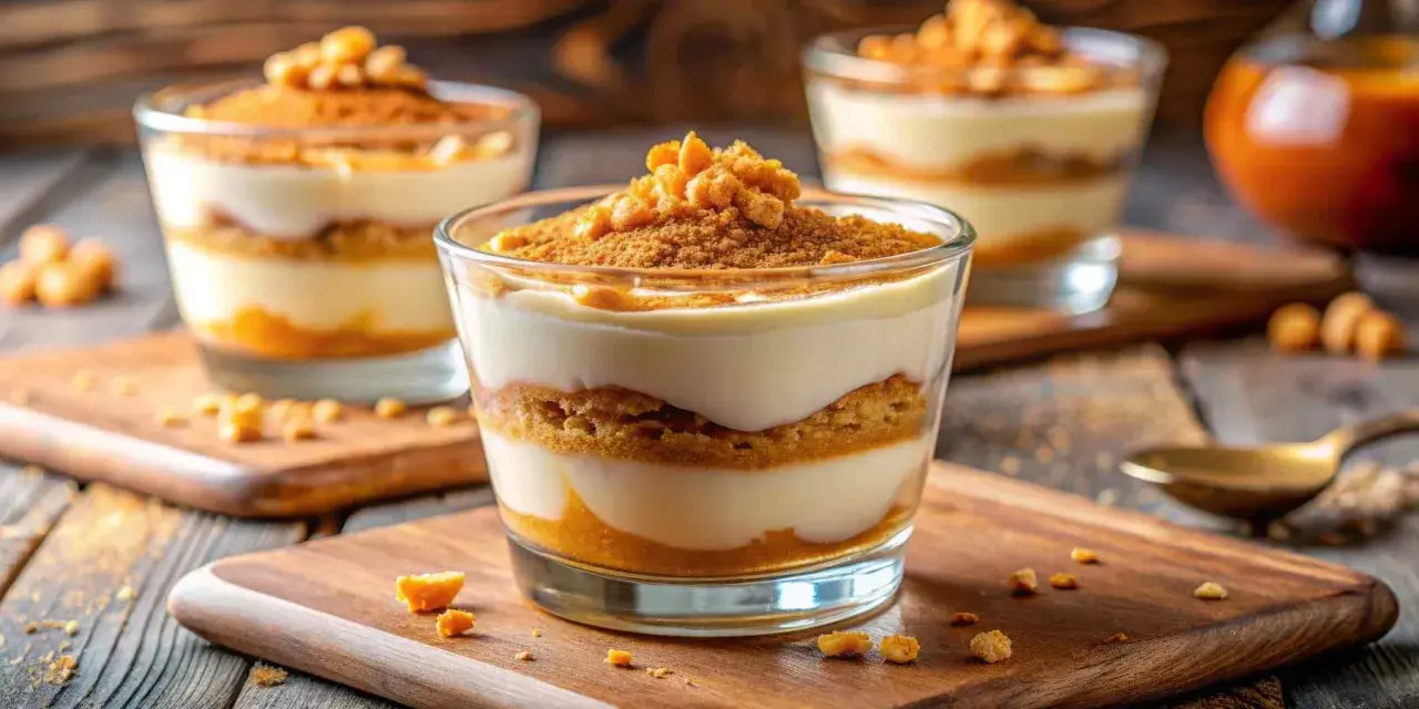 Deliciosa serradura portuguesa en capas, con galleta triturada y crema suave, servida en vasos de vidrio sobre tablas de madera.