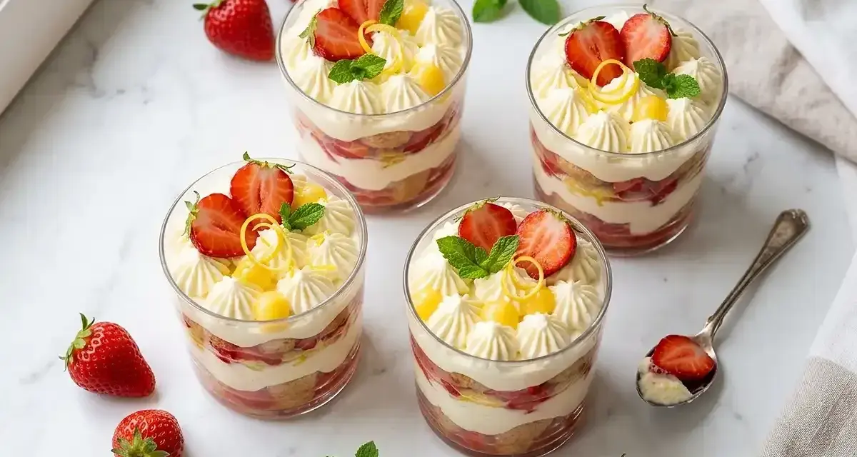 Quatre verrines de dessert fraise mascarpone, garnies de fraises fraîches, de menthe et de zeste de citron.