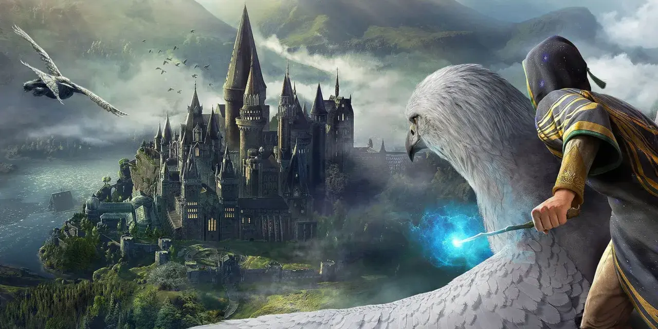 Un hipogrifo con un mago a bordo vuela hacia el castillo de Hogwarts, quizás buscando a quien fundo Hogsmeade.