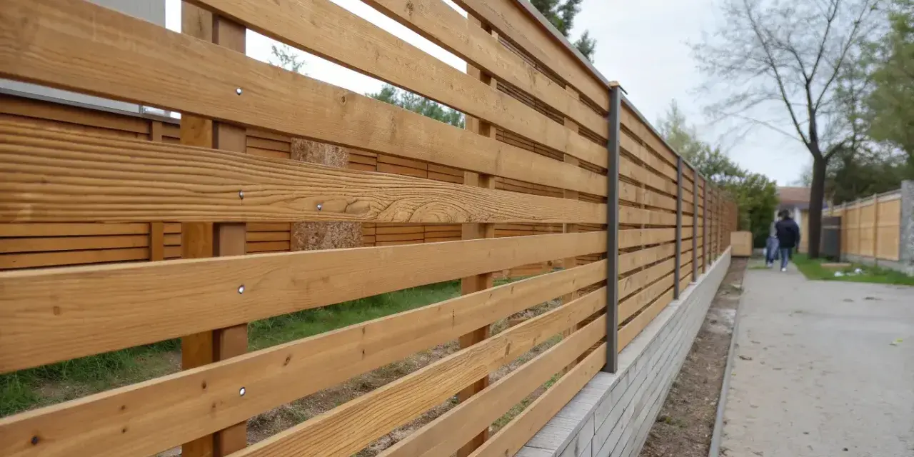 Ett modernt, liggande staket i trä med metallstolpar. Staketet löper längs en trottoar och en grönskande gräsmatta.