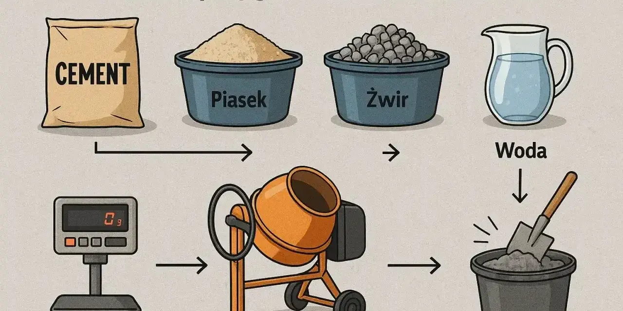 Schemat przygotowania betonu B20: cement, piasek, żwir i woda to kluczowe beton składniki.