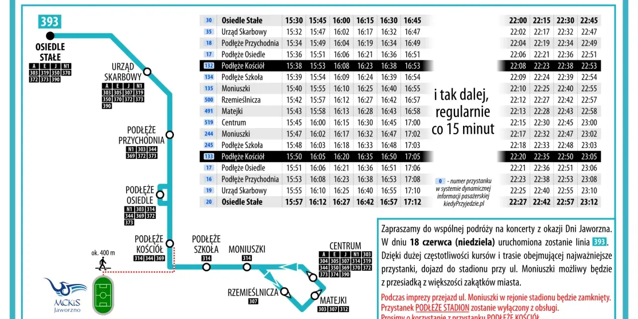 MPK Jaworzno rozkład jazdy linii 393 na 18 czerwca (niedziela). Kursy co 15 minut.