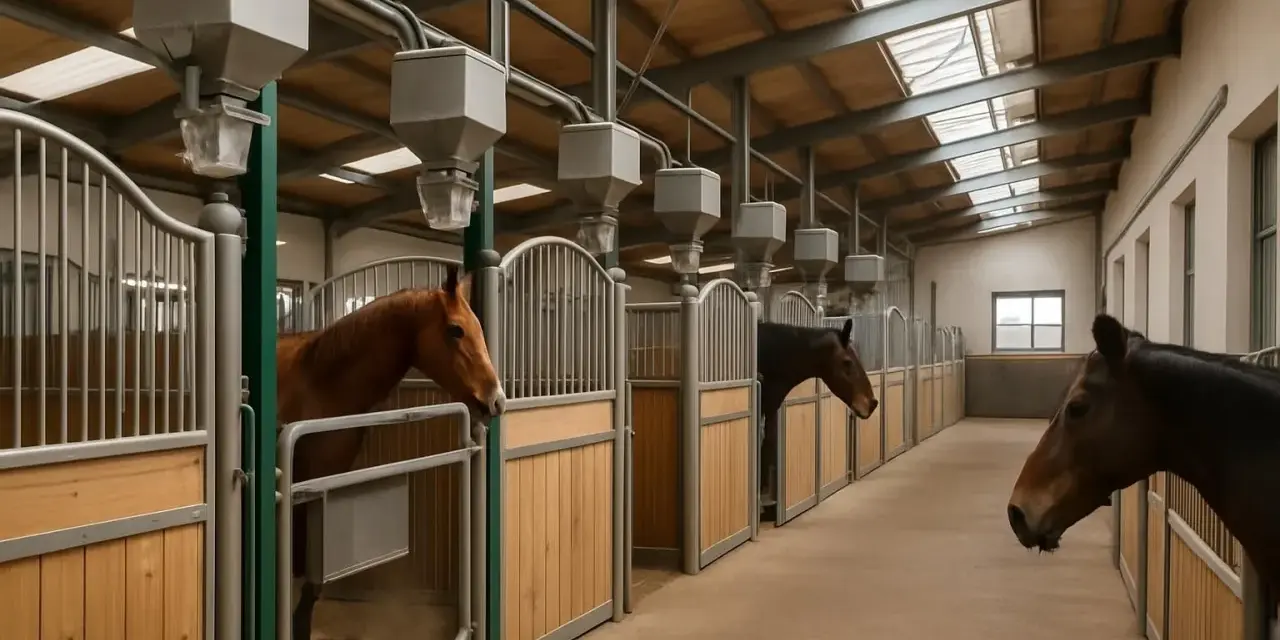 Chevaux dans des boxes modernes, avec mangeoires automatiques. Le prix d'un manège 60x20 est peut-être abordable pour un tel confort.