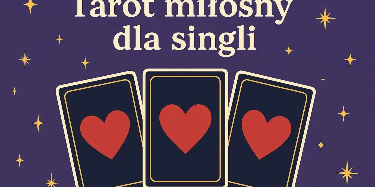 Tarot miłosny dla singli: trzy karty z sercami na granatowym tle, otoczone gwiazdkami.