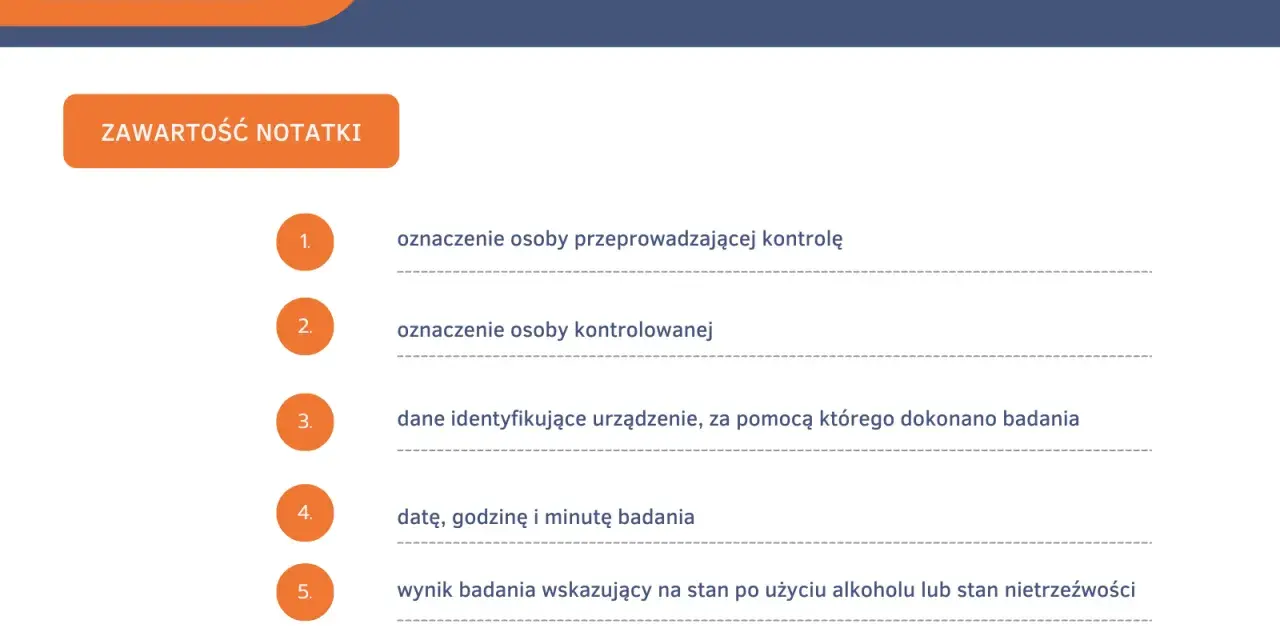 Notatka z przebiegu badania trzeźwości pracownika z listą elementów do odnotowania.