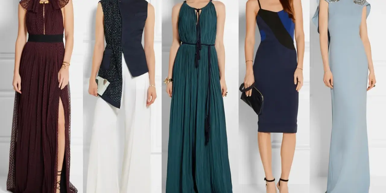 Cinque abiti eleganti per un matrimonio serale: dal bordeaux con spacco al blu notte, idee su come vestirsi.
