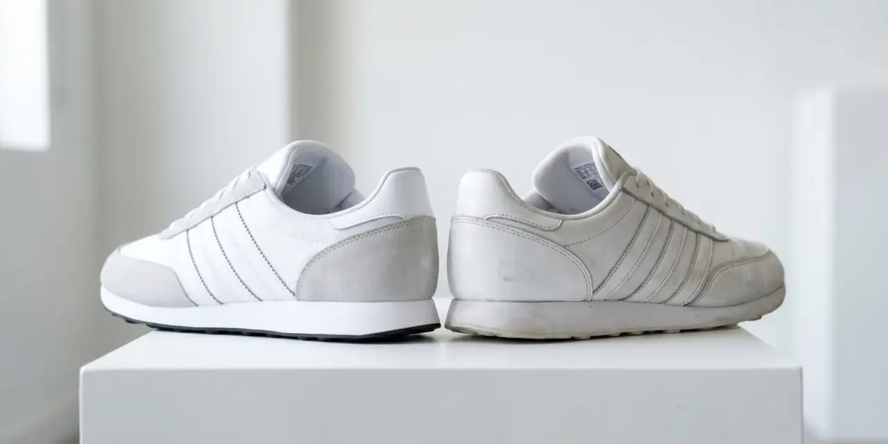Dwa białe buty sportowe Adidas, jeden czysty, drugi lekko zabrudzony. Jak sprawdzić oryginalność? Zwróć uwagę na detale.