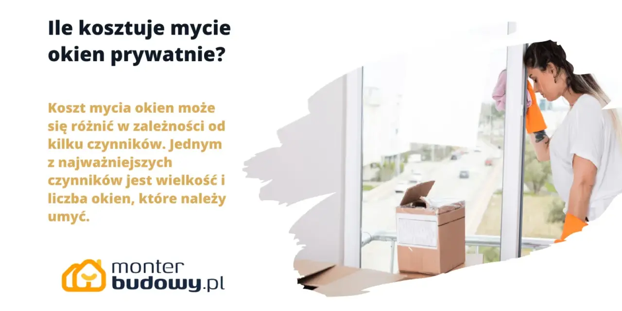 Ile kosztuje mycie okien? Cena zależy od wielkości i liczby szyb. Kobieta w pomarańczowych rękawicach myje okno.